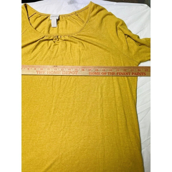 Chicos Womens Shirt Sz 3 Bell Sleeve Yellow Linen Rayon Blend Pleated Neckline - Picture 9 of 10